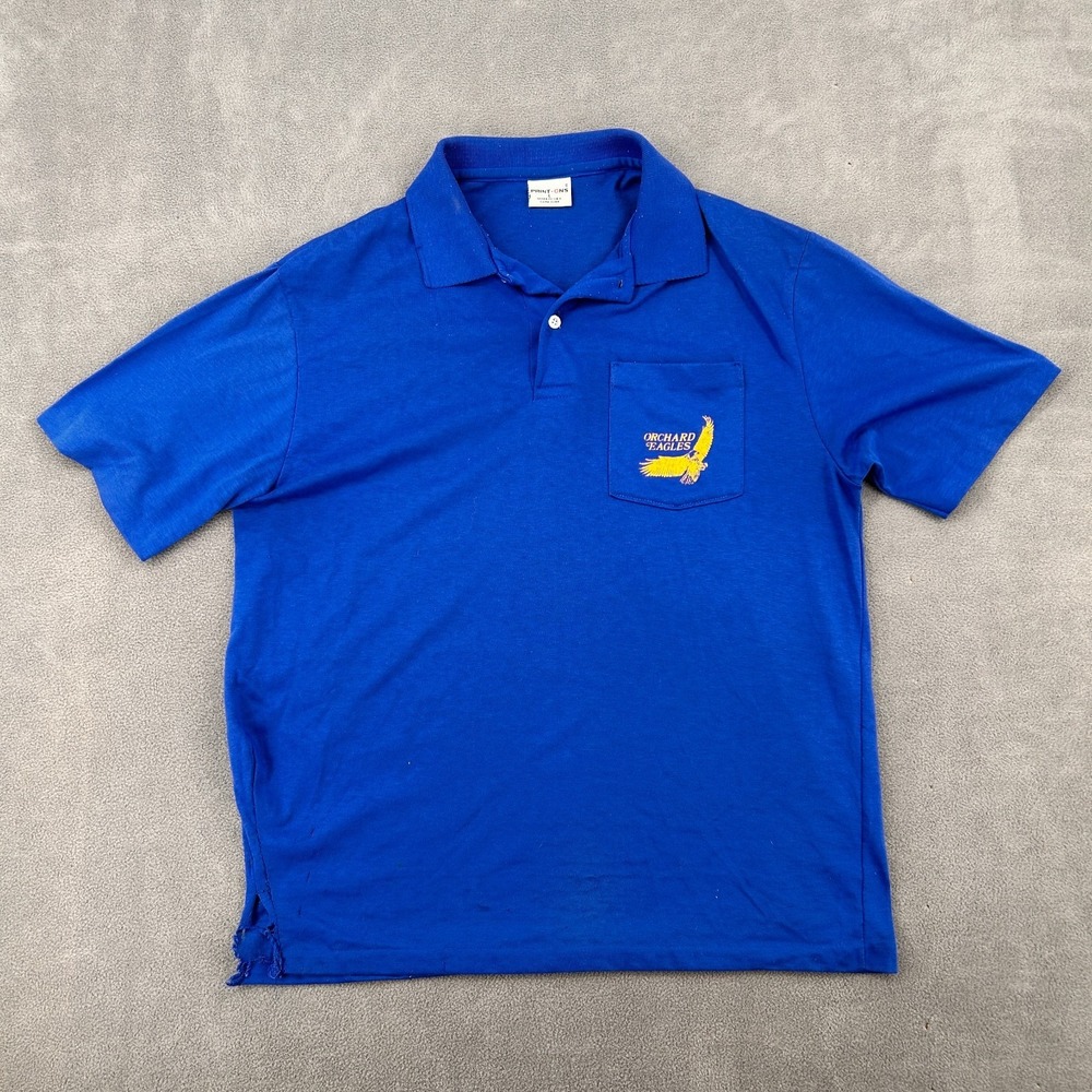 Vintage 80s Print-Ons Polo Shirt Men Large Blue Orchard‎ Eagles Logo Golf